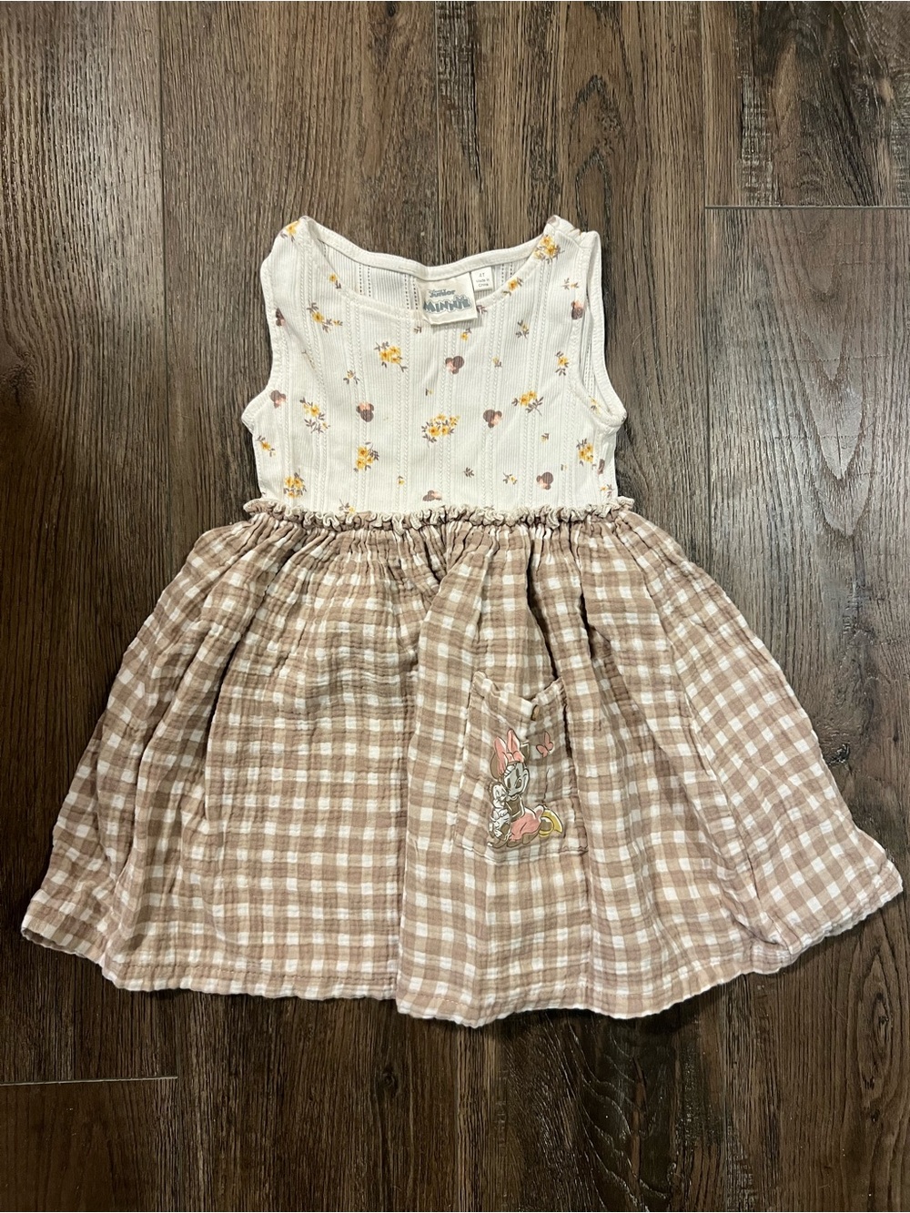 Disney Cream Knit Bodice Dress with Yellow Floral & Light Brown Gingham Skirt